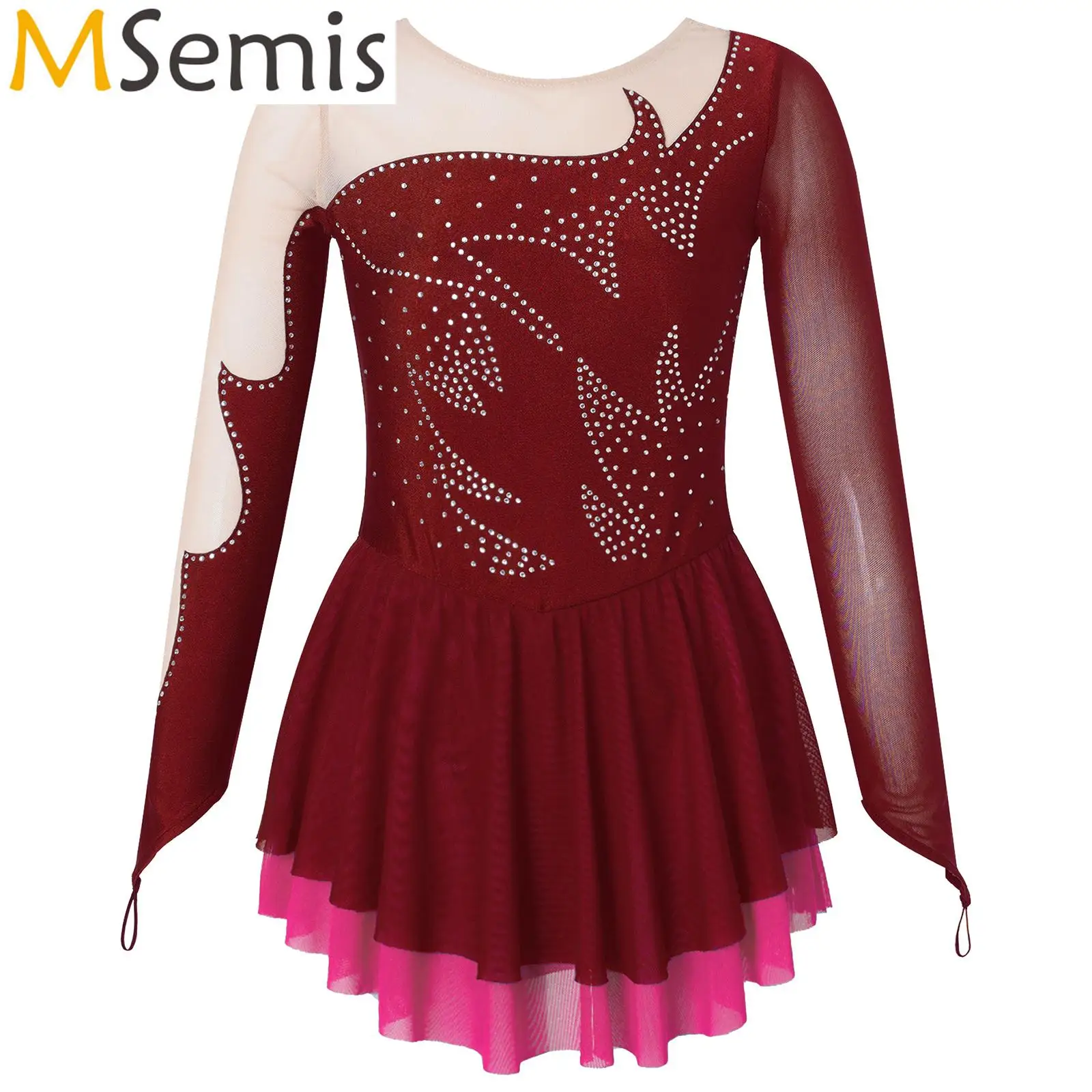 

Toddler Girls Ballerina Costumes Figure Skating Dance Performance Dress Hook Finger Long Sleeve Gymnatics Leotards Costumes