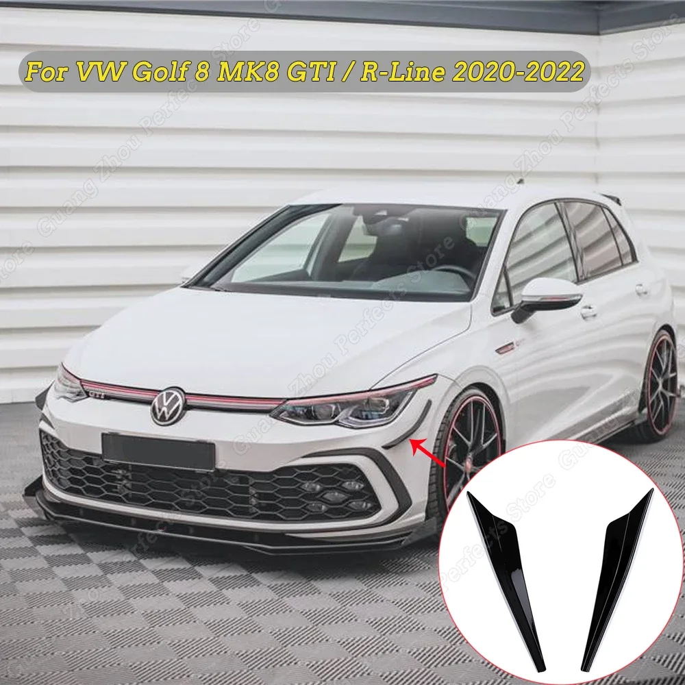 Gloss Black Car Front Bumper Side Canards Bumper Lip Spoiler Trim For VW Golf 8 MK8 GTI / R-Line Accessories 2020 2021 2022 ABS