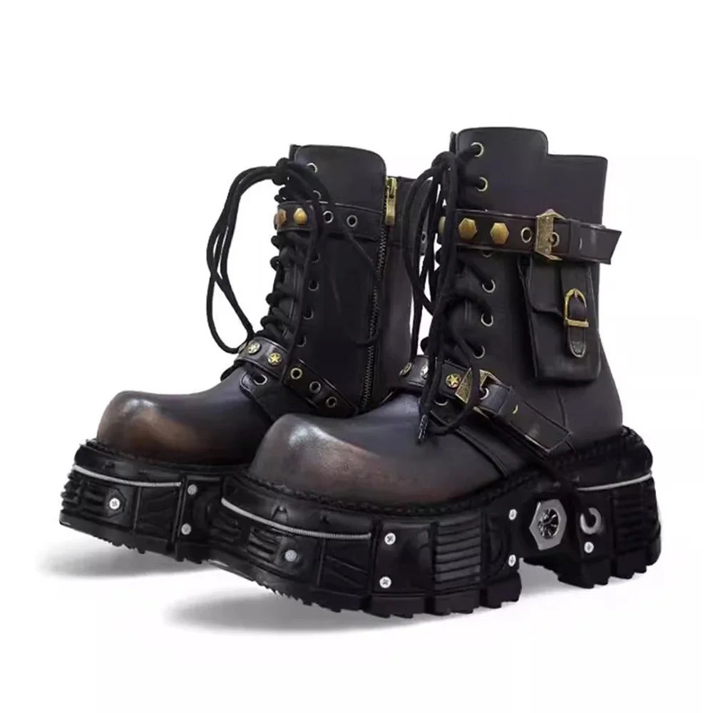 Fashion Metal Rivet Belt Buckle Goth Mid-calf Motorcycle Boots Round Toe Street Punk Rock Sports Casual Cowboy Boots Thick Heel