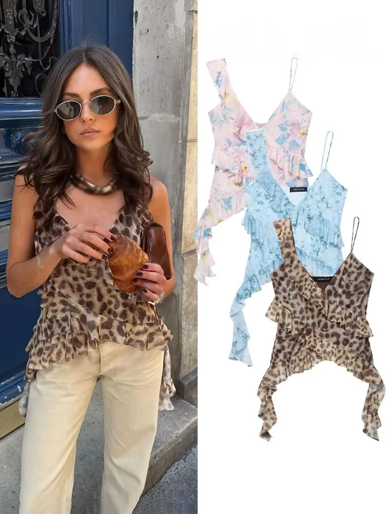 

HH Women's Summer Fashion Laminated Decorative Printed Tulle Top Female Sexy Elegant Backless Sleeveless Irregular Sling Top