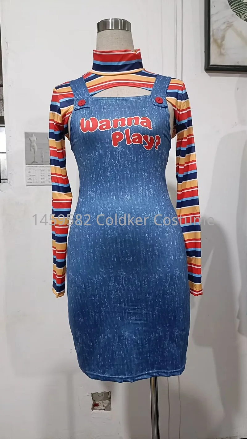 Disfraces de Halloween para mujer, muñeco asesino de pesadilla aterradora, Wanna Play, personaje de película, body, conjunto de disfraces de muñeca Chucky