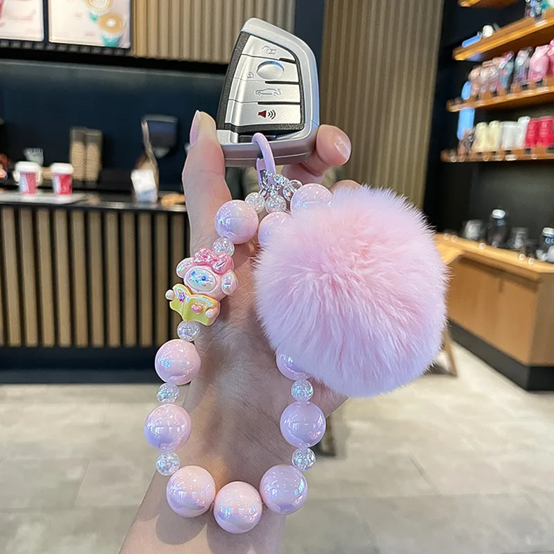 New Sanrio High-end Plush Bead String Mobile 키링 Girl Famous Hairy Player String Keychain Cute Girl Heart Bracelet Keychain