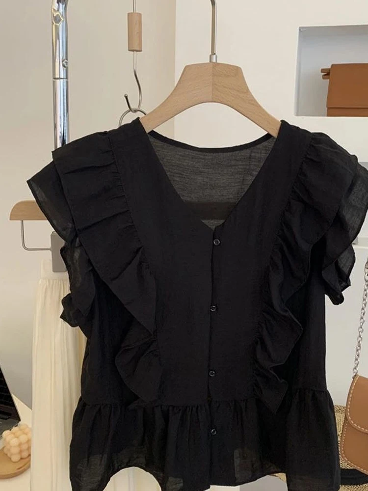 

Black V-Neck Short Sleeveless Shirt Women's Summer Fashion Blouse Tulle Doll Shirt Lace Trimmed Fly Sleeve Chiffon Top
