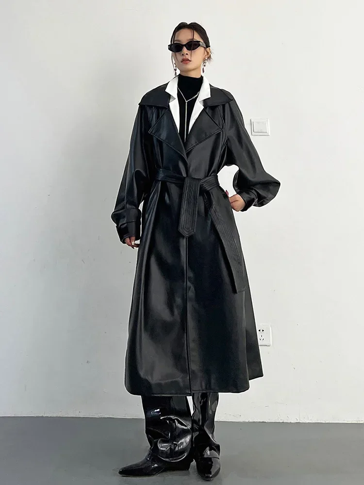 Alta qualidade vintage 2024 outono nova moda de rua premium rendas preto solto longo couro do plutônio trench coat jaqueta para mulher