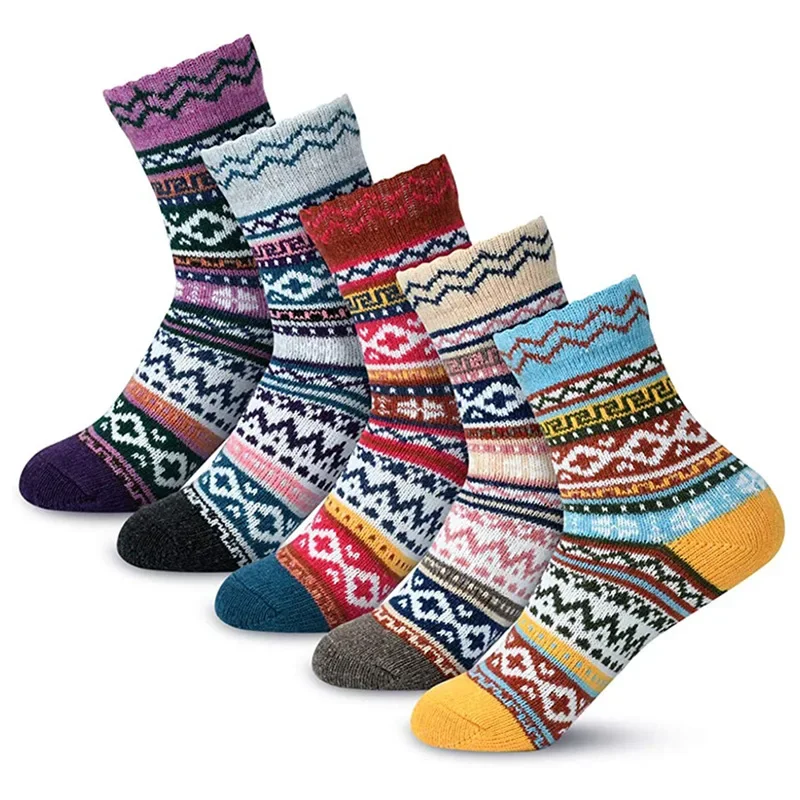 

5 Pairs Ethnic style women's thickened cold-proof and warm tube rabbit wool blended retro geometric color matching terry socks