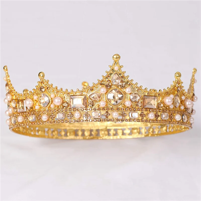 2X King Crown For Men Costume Accessory Prom Tiara Baroque Vintage Crystal Pearl Bridal Wedding Tiaras(Gold)-B27C