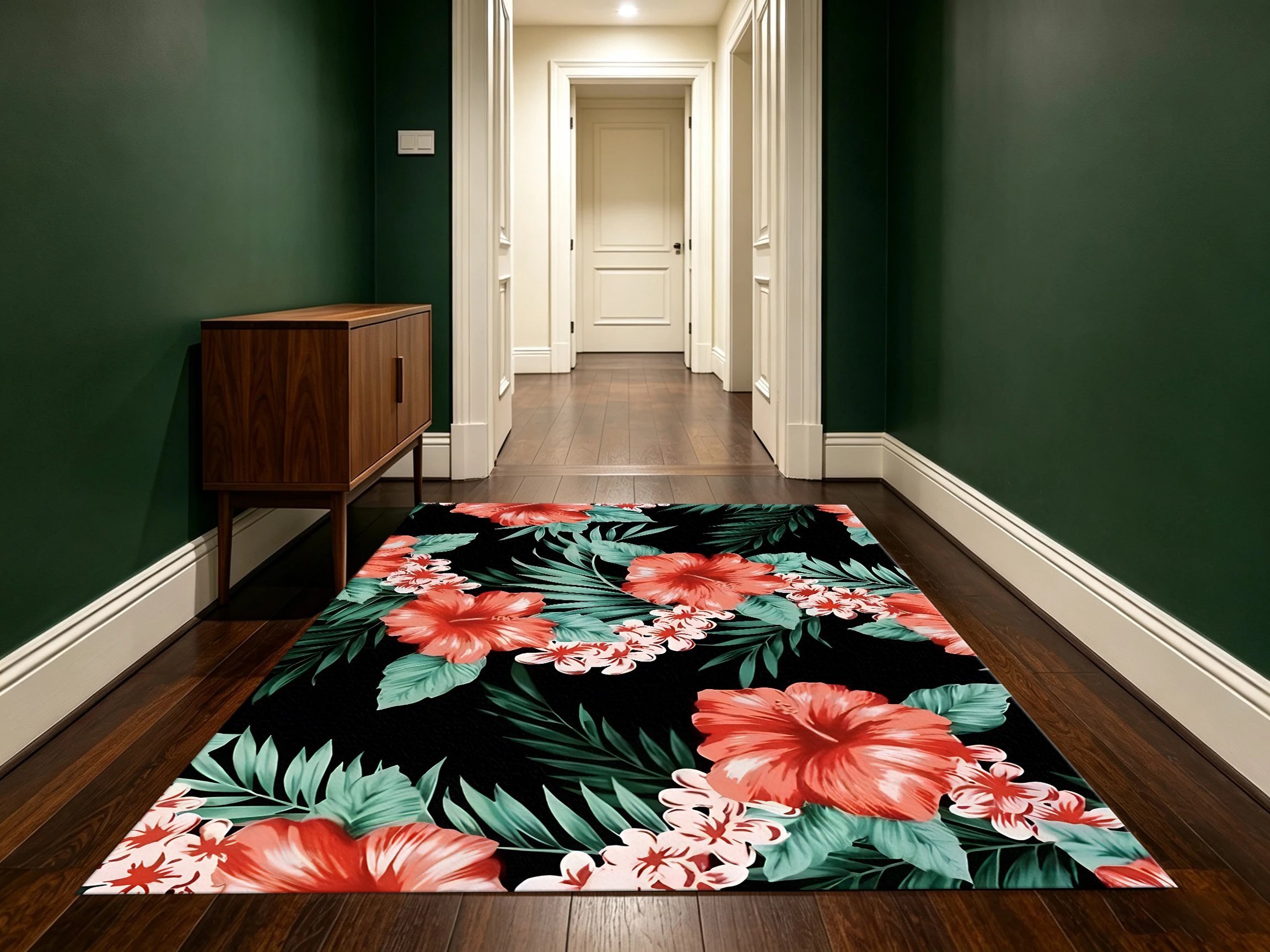 Red Floral Palm Leaf 2D Area Rug in Retro Tropical Style for Living Room and Entryway, Halloween Party Decor