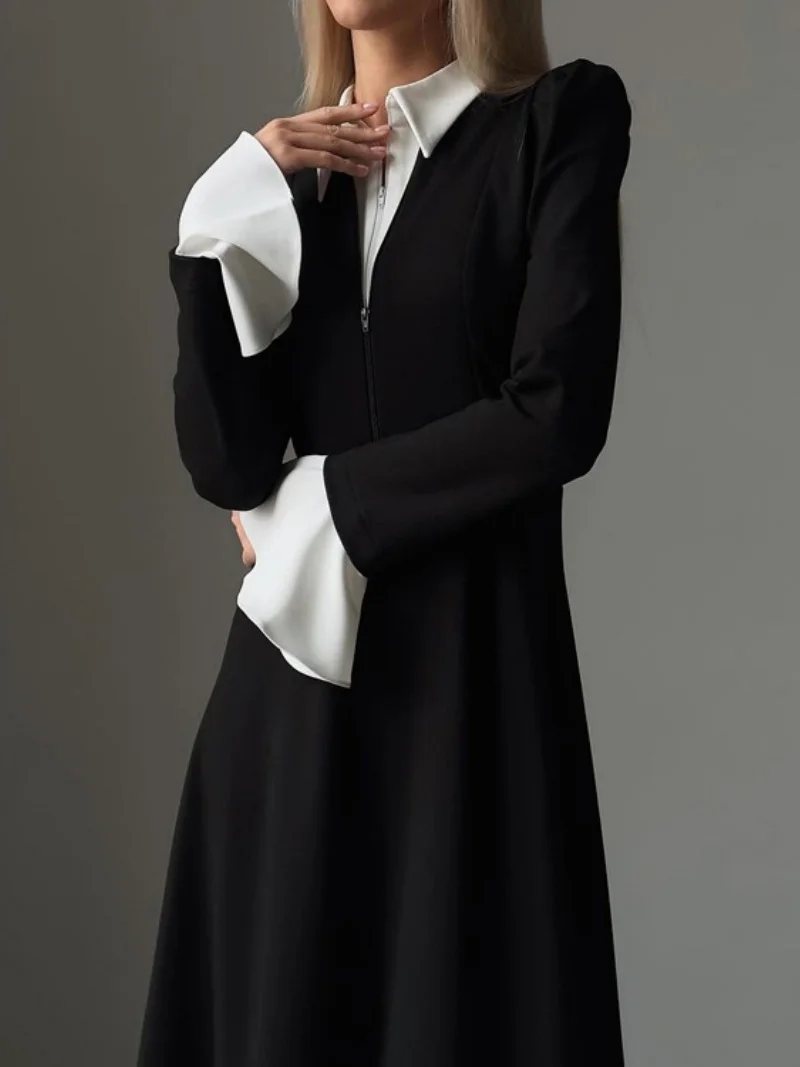 Elegant Colorblock Dress Autumn Clothing Women Lapel Long Sleeve Zip Up A-Line Dresses OL Style High Waist Long Dress Vestidos