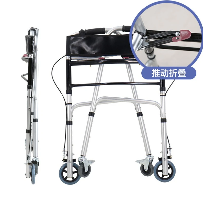 ブレーキハンドルとシート付き折りたたみ歩行器、高齢者歩行補助トロリー、四輪リハビリ歩行器