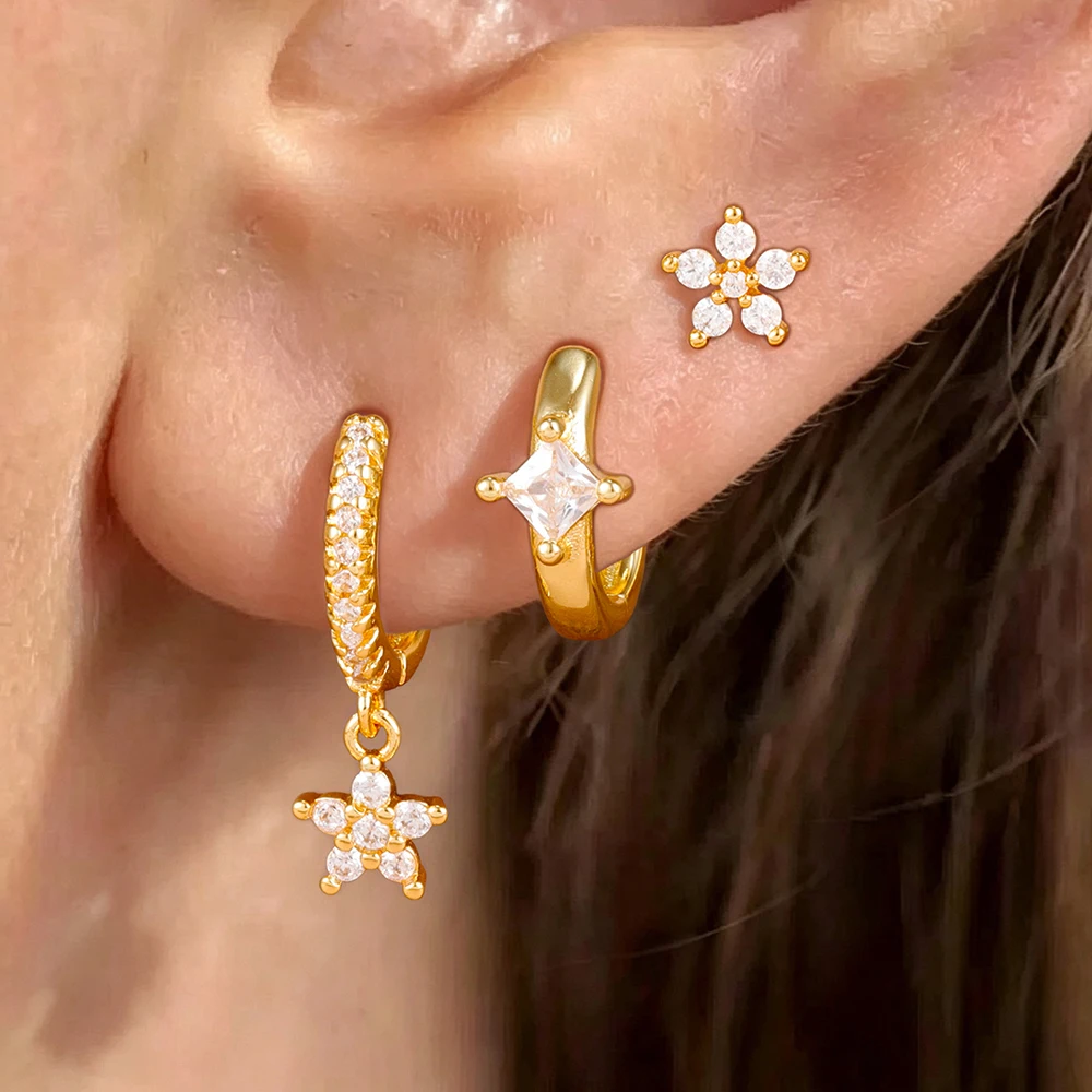 3PCS/6PCS Fashion Rhombus Hoop Earrings Set For Women Stainless Steel Zircon Flower Ear Stud Engagement Birthday Jewelry Gift