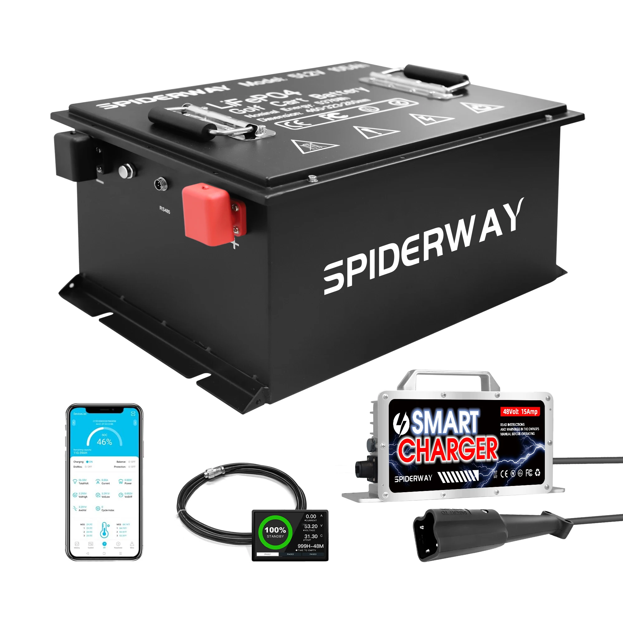 48V 105Ah Golf Cart LiFePO4 Lithium Battery w/ Fast Charger for Yamaha G29 YDRE Drive, 5.376 kWh 6000+ Cycle up to 50 Miles