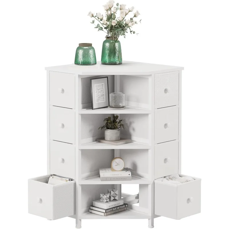 

8-Drawer Corner Dresser with Wooden Top and Shelves (White)