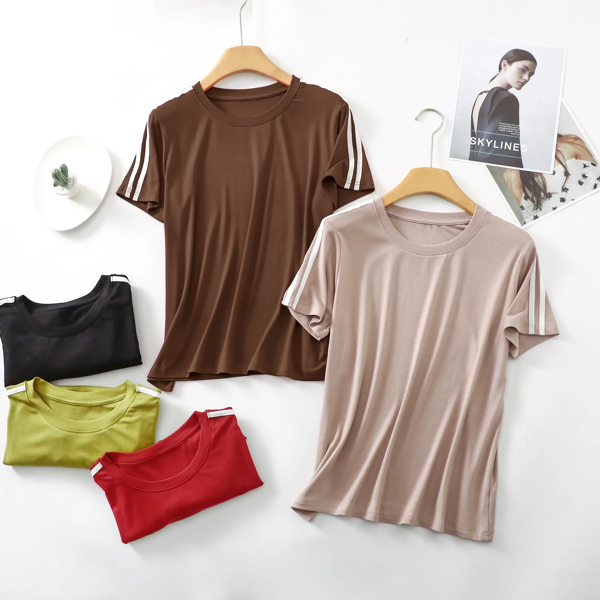 Camiseta de cuello redondo para mujer, camisetas de manga corta a rayas, camisetas informales para mujer, camisetas de color sólido que combinan con todo