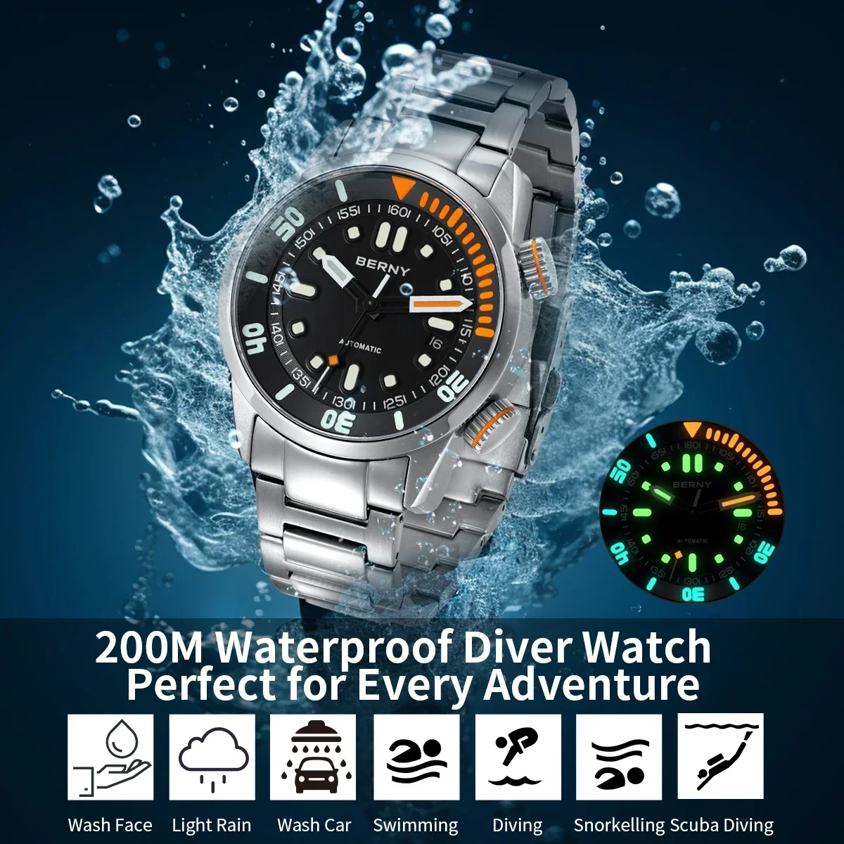 Reloj de buceo automático BERNY para hombre, diseño Original superluminoso, reloj de pulsera para hombre de 20ATM, reloj mecánico deportivo de zafiro para nadar para hombre