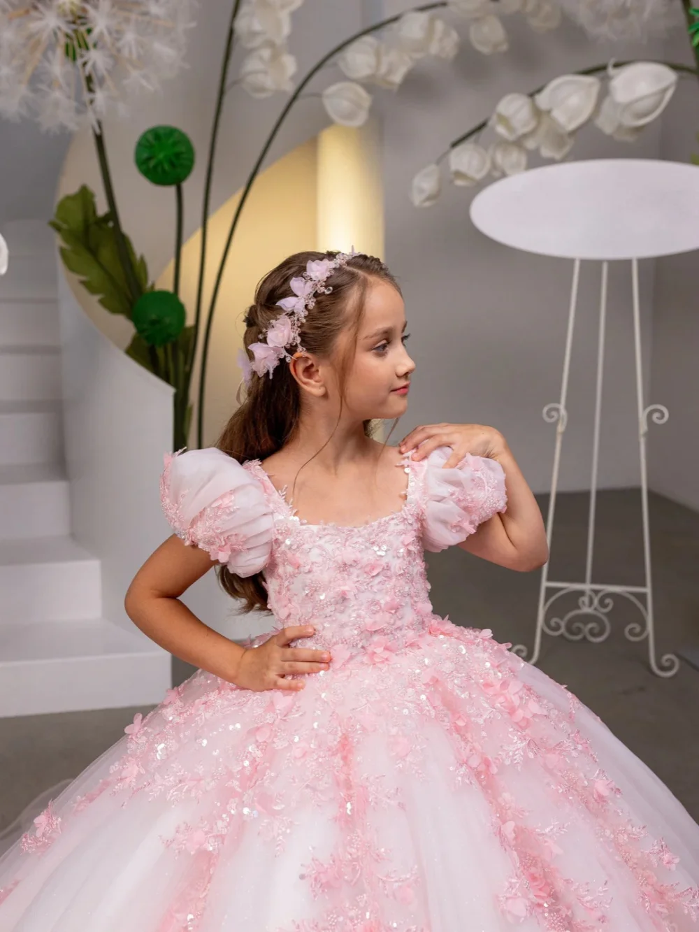 New Pink Exquisite Beaded Princess Gown For Kids Birthday Party Captivating Girls 3D Floral Dresses School Performance Wear