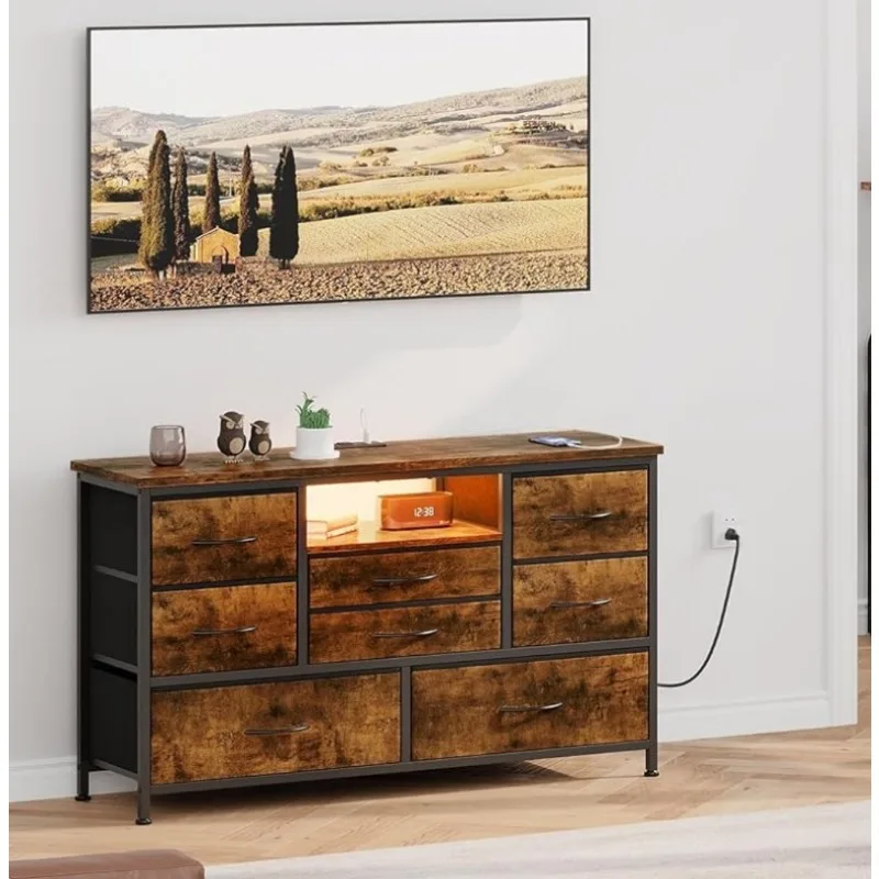 8 Dressoir Tv-Standaard Met Stopcontact En Led Voor 55 ''Tv, Lang Dressoir Voor Slaapkamer Met 8 Diepe Laden, Brede Console Tafel