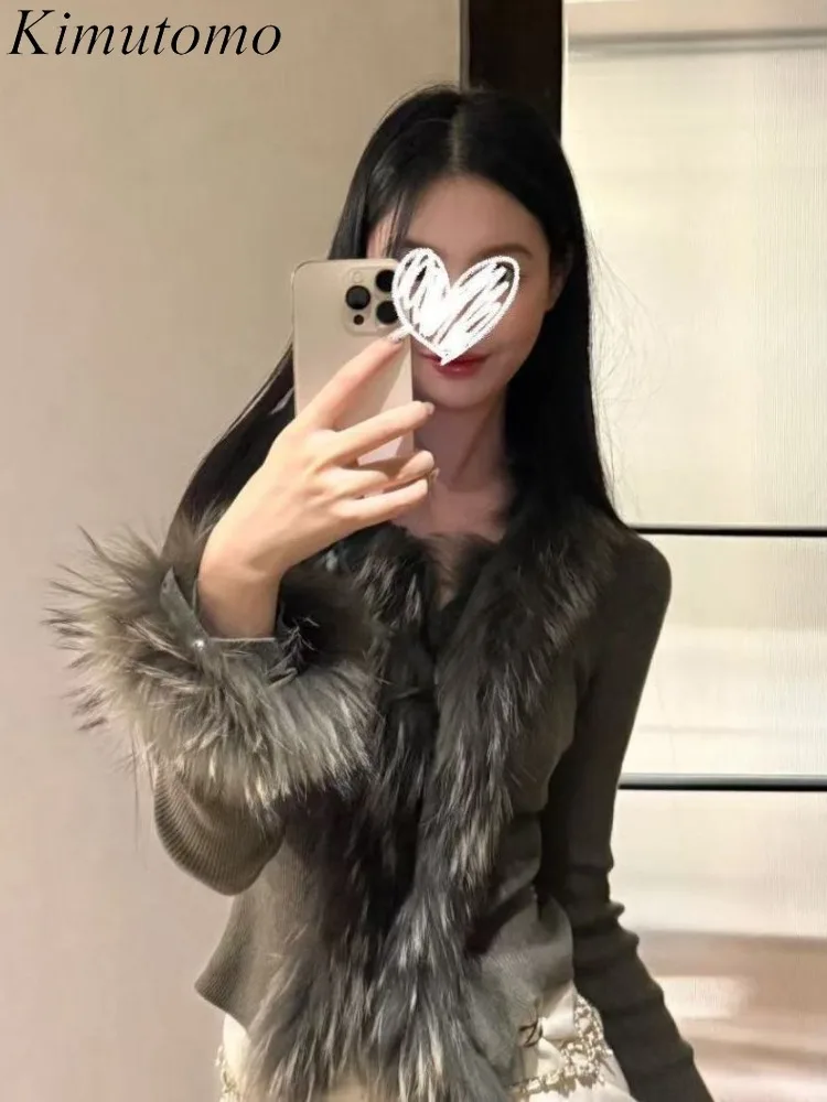 

Женские футболки Kimutomo, модные топы с длинными рукавами и меховой вставкой, весенне-осенние топы в стиле Y2k Harajuku, повседневная женская футболка