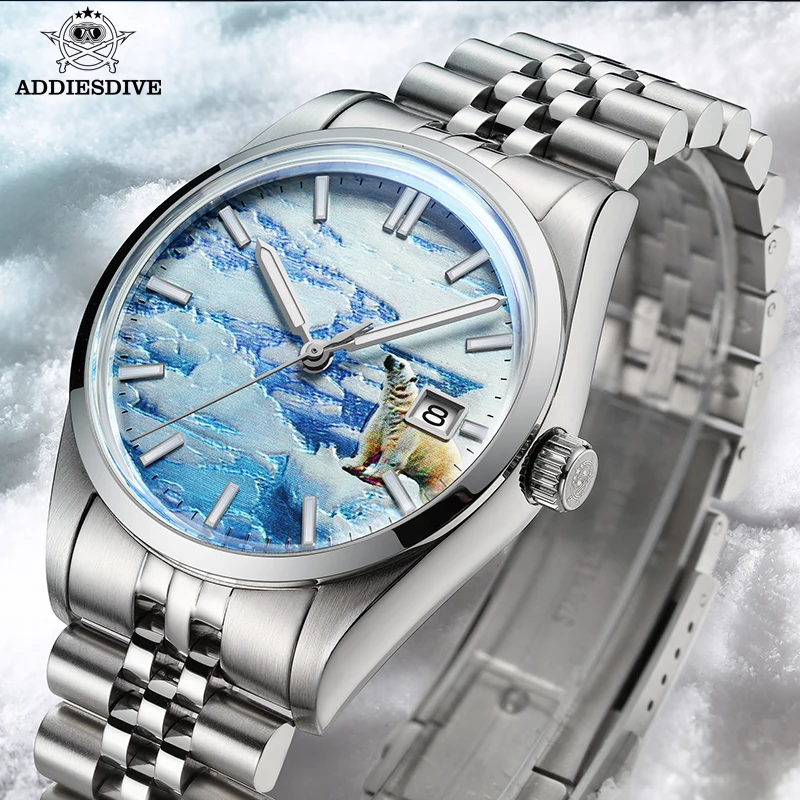 ADDIESDIVE 자동 기계식 남자 시계 빛나는 100m 방수 미네랄 유리 316L 스테인레스 스틸 남자를위한 패션 시계