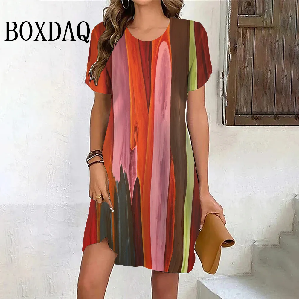 

Painting Colorful Striped Women's Dress Summer Fashion Street O-Neck Loose Mini Dress Casual Vintage Short Sleeve A-Line Dresses