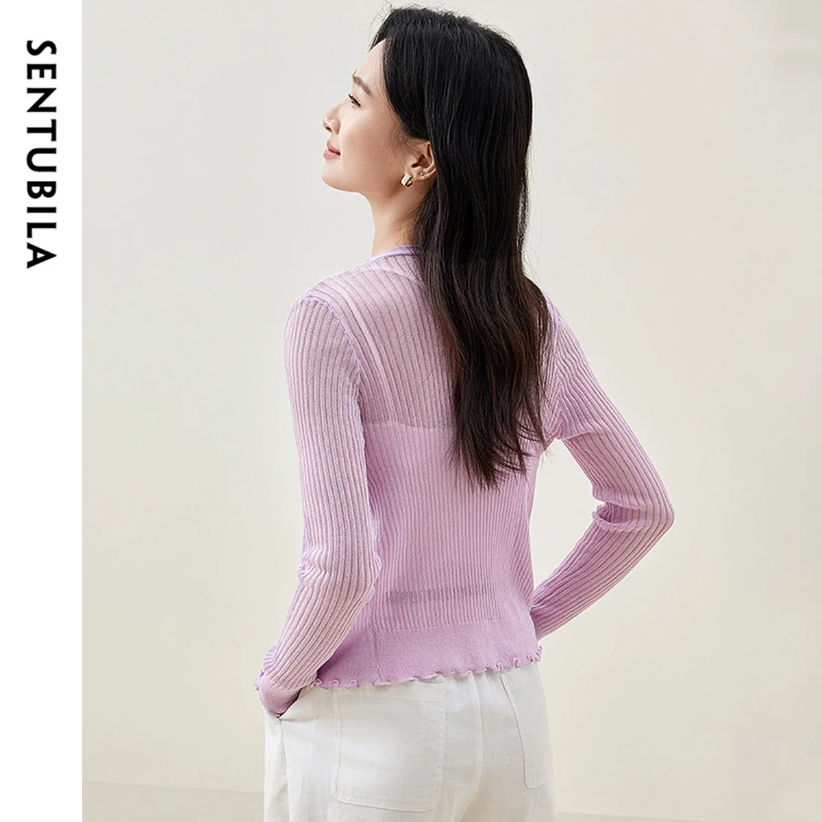 SENTUBILA 슬림 핏 니트 가디건 여성 2025 봄 가을 출퇴근용 브이넥 긴팔 스플라이스 버튼 아우터웨어 탑스 W51H58624