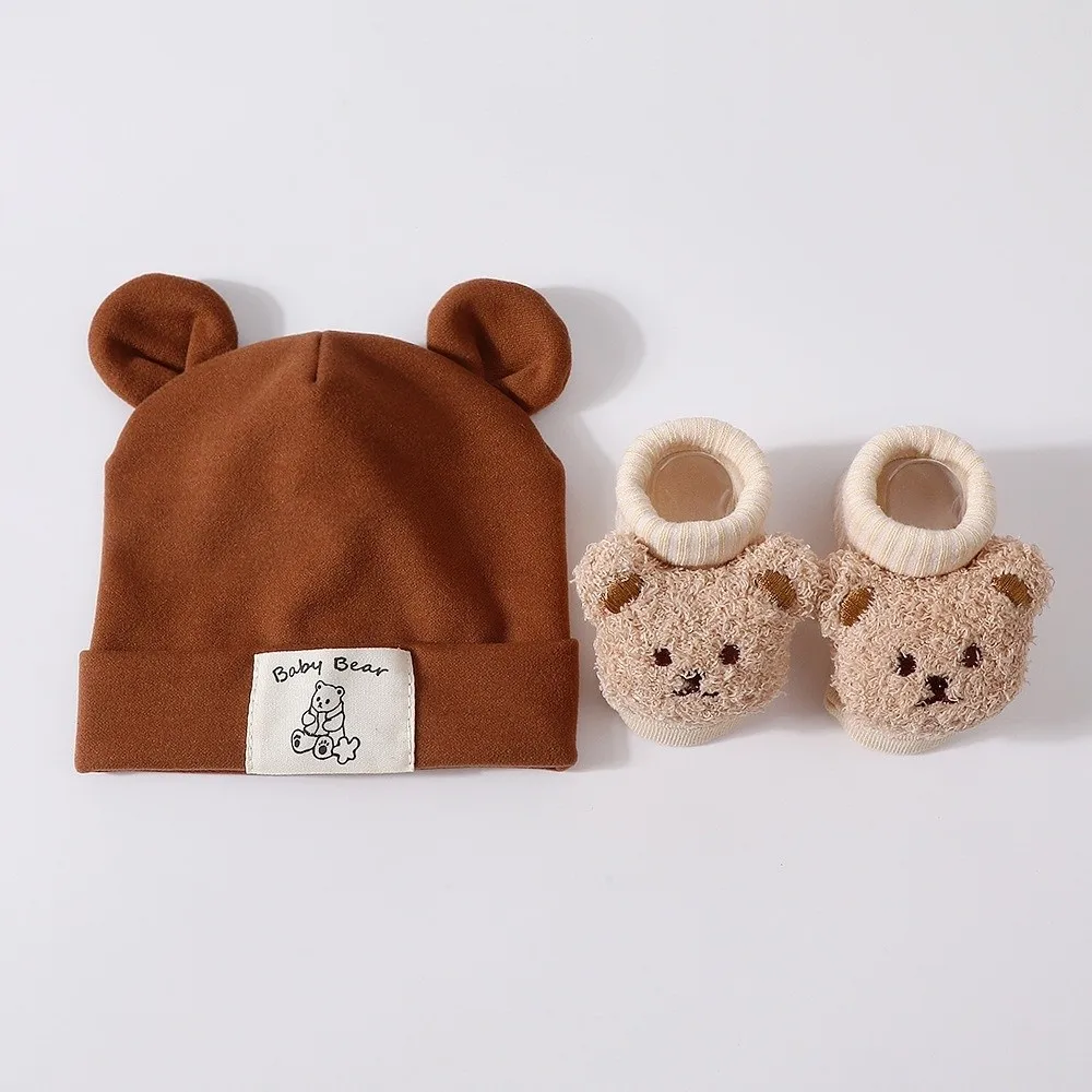 2Pcs/Set Cute Cotton Baby Hat Socks Set Soft Warm Bear Ear Beanie Cartoon Pullover Cap Prewalker Socks Autumn Winter view 2
