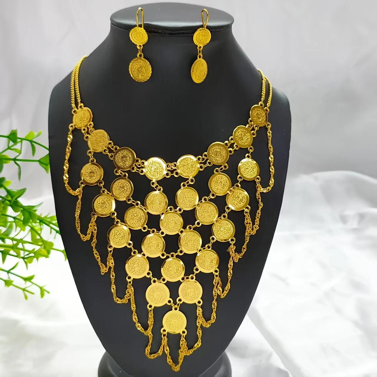 

Islamic Vintage Gold Jewelry Set Gold Plated Copper Turkish Lira Coins Necklace Earrings Middle East Luxury Jewelry