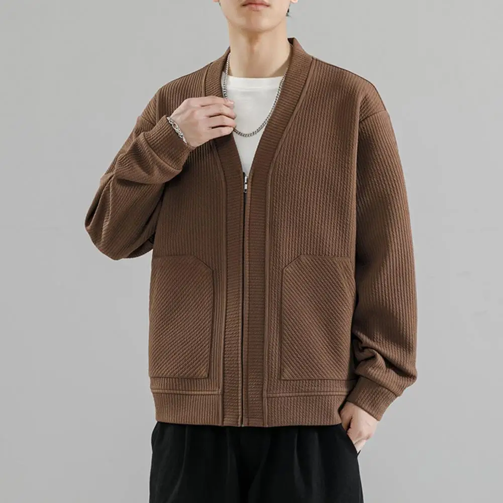 Cardigan de malha com decote em v masculino, Outwear manga longa para desgaste, Cardigan sólido com zíper, bolsos de gesso