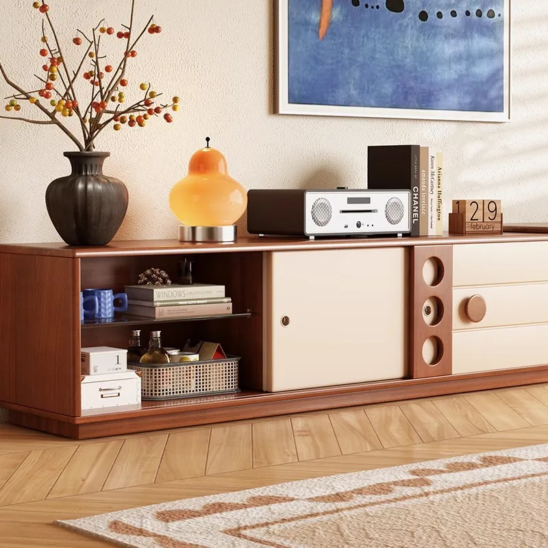 Medieval retractable solid wood TV cabinet Small apartment living room French cream wind boxwood floor cabinet