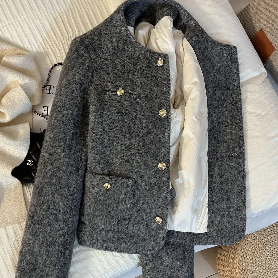 2025 New Grey French Style Short Coat Warm Inner Top Coat Winter Fashionable Compact Pattern Thickened Long Sleeve No Collar #1
