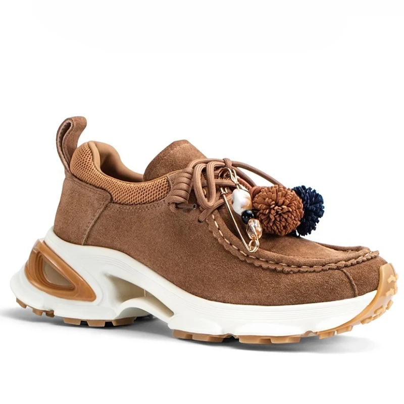 

Autumn/winter Thick Soled Height Increasing Shoes for Women's Genuine Leather Brown Versatile Kangaroo Shoes Sports Casual Shoes