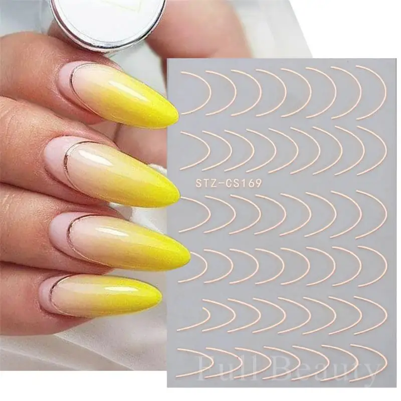 Pegatina para uñas con líneas de rayas curvas, cinta giratoria dorada, calcomanía minimalista para manicura francesa, diseño de uñas de Metal CHSTZCS169