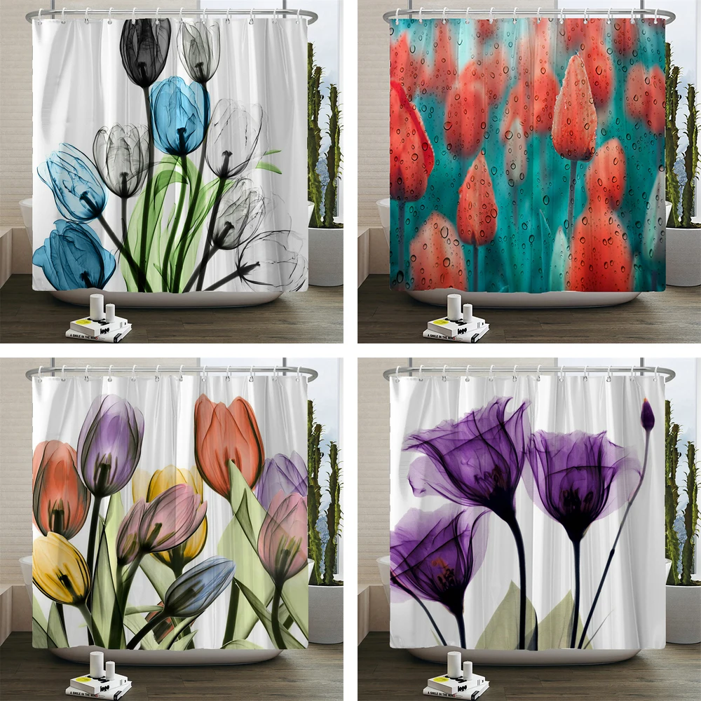 Tulip Rose Printed Shower Curtain With Hook Floral Creative Bathroom Decoration Waterproof Polyester  