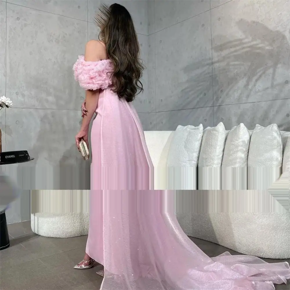 2024 NEW Pink Off The Shoulder Ruffles Saudi Evening Dresses Mermaid Satin Boat Neck Prom Dress Ankle Length Formal Party Gowns