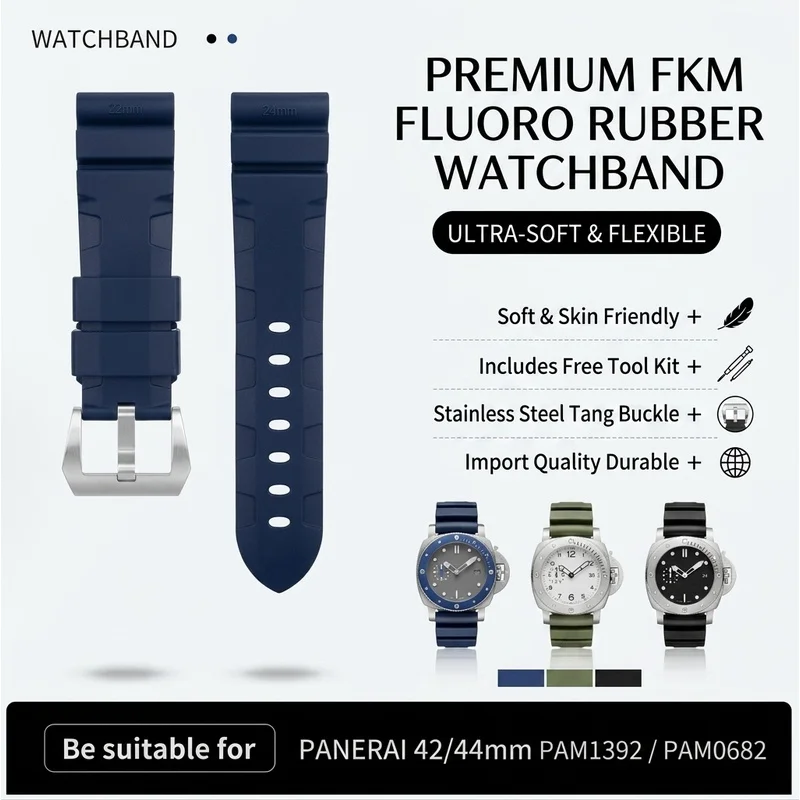 Soft Import Quality FKM Fluoro Rubber 22mm 24mm 26mm Watchband For Panerai Strap For PAM1392/0682 Belt Accessories Tang Buckle