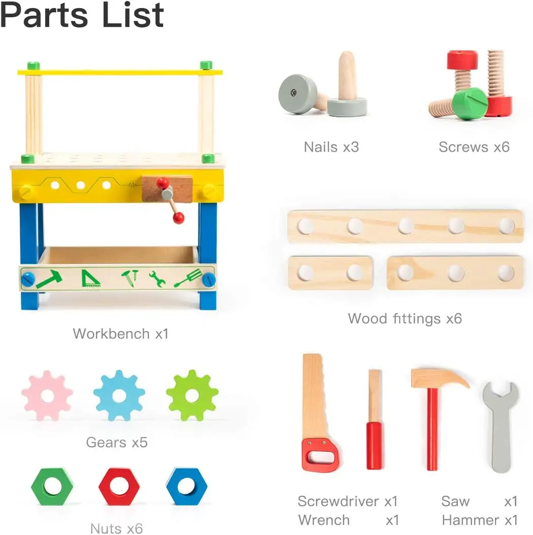 Robotime Robud Solid Wood Tool Stand Set Wooden Workbench Toy Birthday for Boys Girls Kids