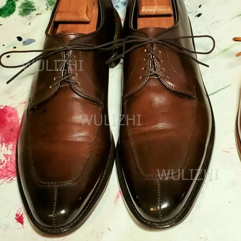 Caramel Brown Vintage Polished Lace Loafers Men Dark Gradient Flats Oxfords Summer Sporty Patchwork Lace-Up Luxury Wedding Shoes