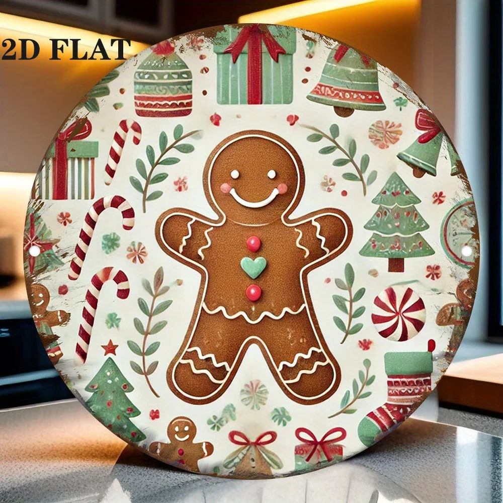 2D Flat - [2D Flat] 2D Plane - 1 2D Plane Printed Metal Sign, Measuring 20X20 Cm, with a Christmas Gingerbread And Gift Design.