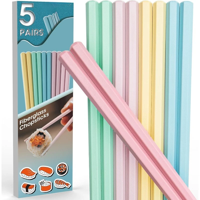 Reutilizável Fiberglass colorido Chopsticks Set, Máquina de lavar louça, Design antiderrapante com caso, 9,57 polegadas, 5 pares