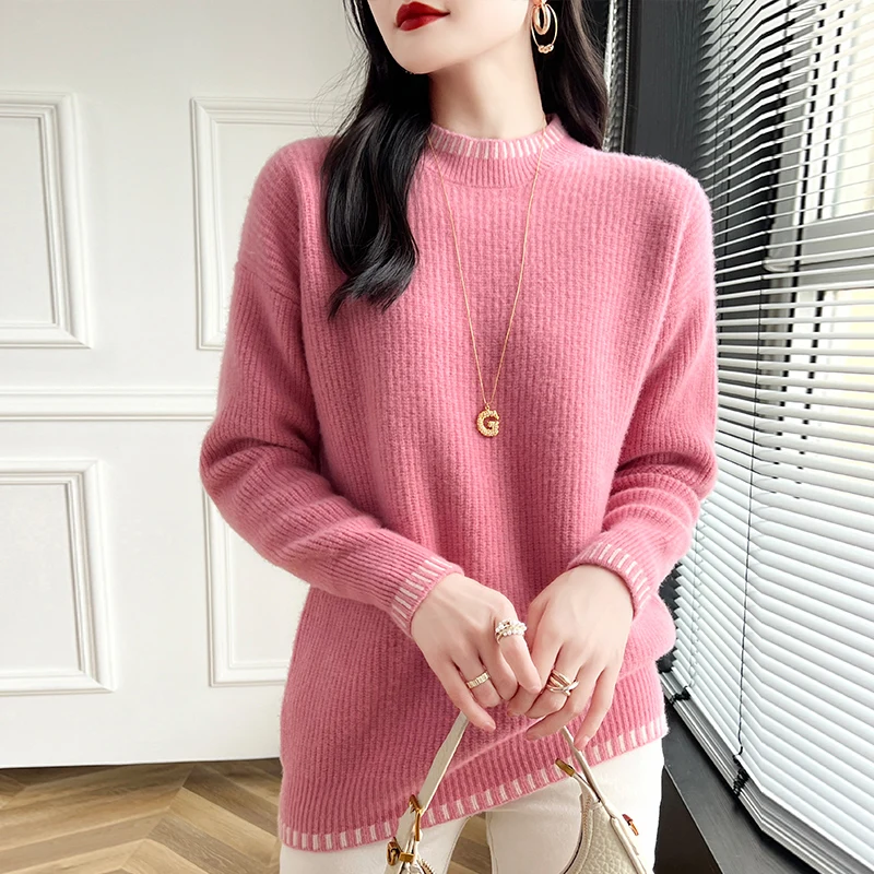 Small half turtleneck pullover sweater women loose wear top 2024 autumn and winter 100% pure wool Korean retro style knit coat