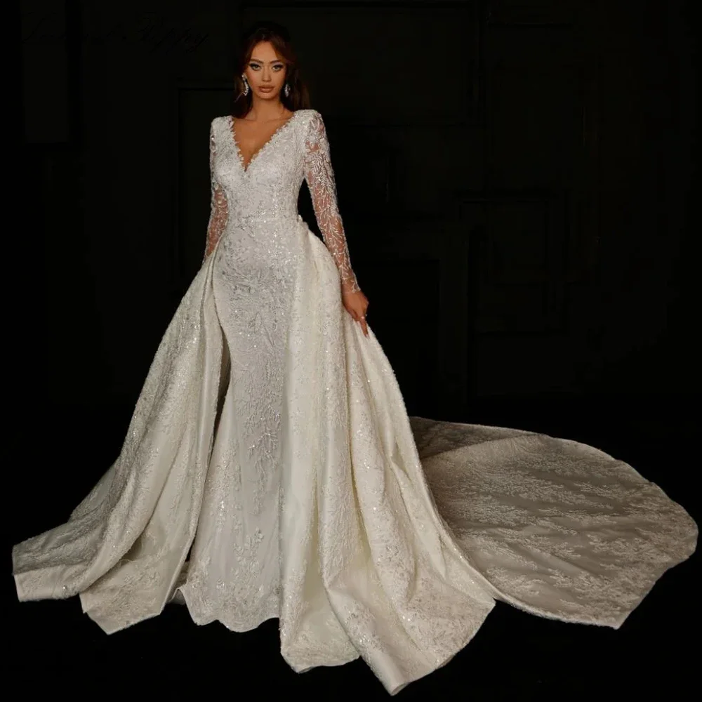 V Neck Lace Mermaid Wedding Dresses Full Sleeves Beaded 2 Pieces 2025 Bridal Gowns with Detachable Train