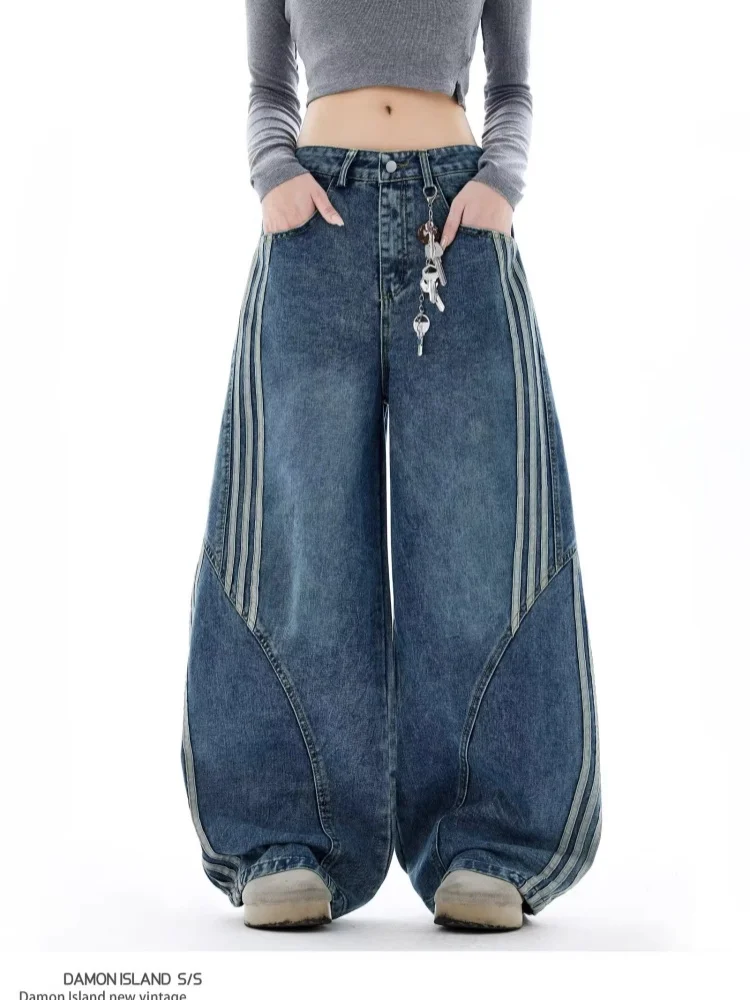 Dżinsy damskie w paski w stylu amerykańskim vintage, szerokie spodnie typu scimitar z trójwymiarowym krojem, luźne spodnie codzienne.