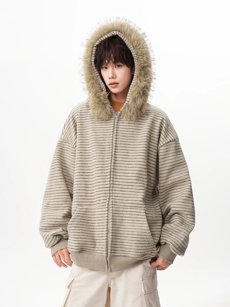 American High Street Fashion Trend Fur Collar Fleece-Lined Hooded Sweatshirt Youth Popular Winter Loose Warm Coat for Men