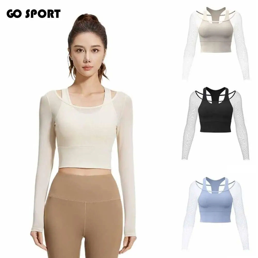 

Long Sleeved Fitness Yoga Top Mesh Splicing Slimming Design Women Sports Top Fixed Chest Pad Pullover Neck Workout T-shirt