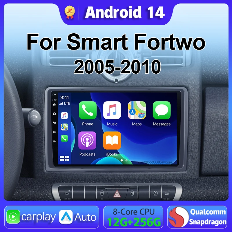 Android 14 Carplay Radio samochodowe Multimedia Dla Smart Fortwo 451 2005-2010 Jednostka główna BT Nawigacja GPS wideo DVD Autoradio Stereo