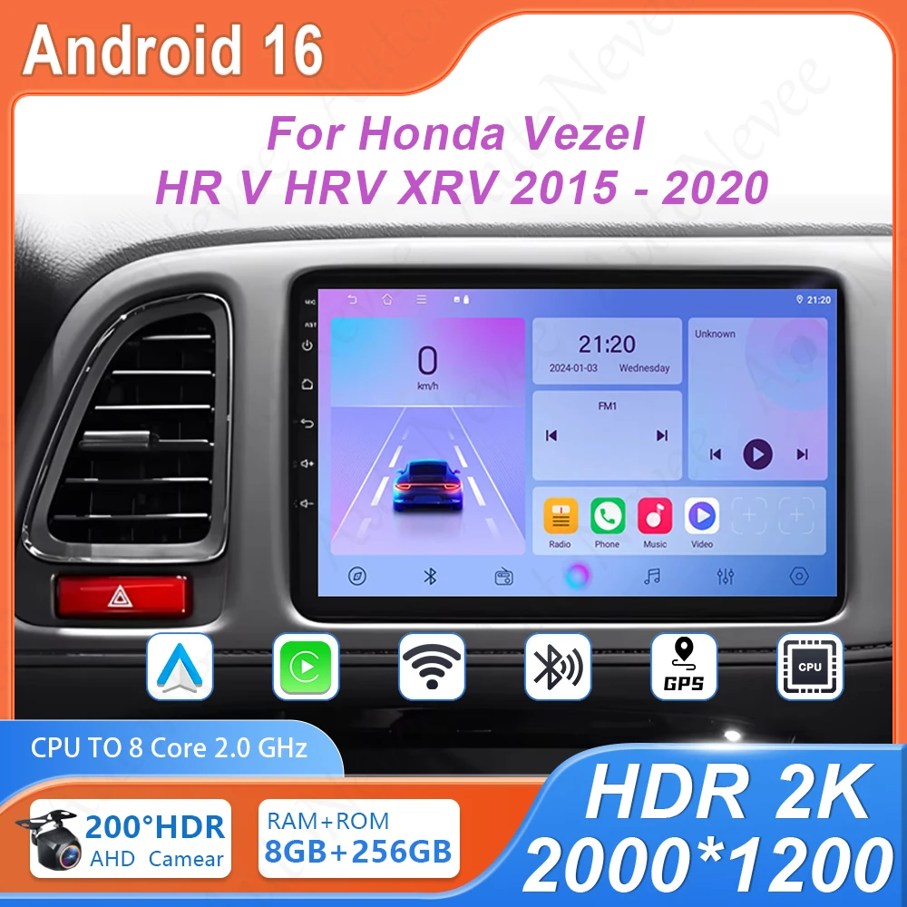 

Мультимедийный проигрыватель Android для Honda Vezel HR-V HRV XRV 2015-2020 с 4G, Wi-Fi, Bluetooth, GPS-навигацией, HDR, QLED-экраном, головным устройством и DVD