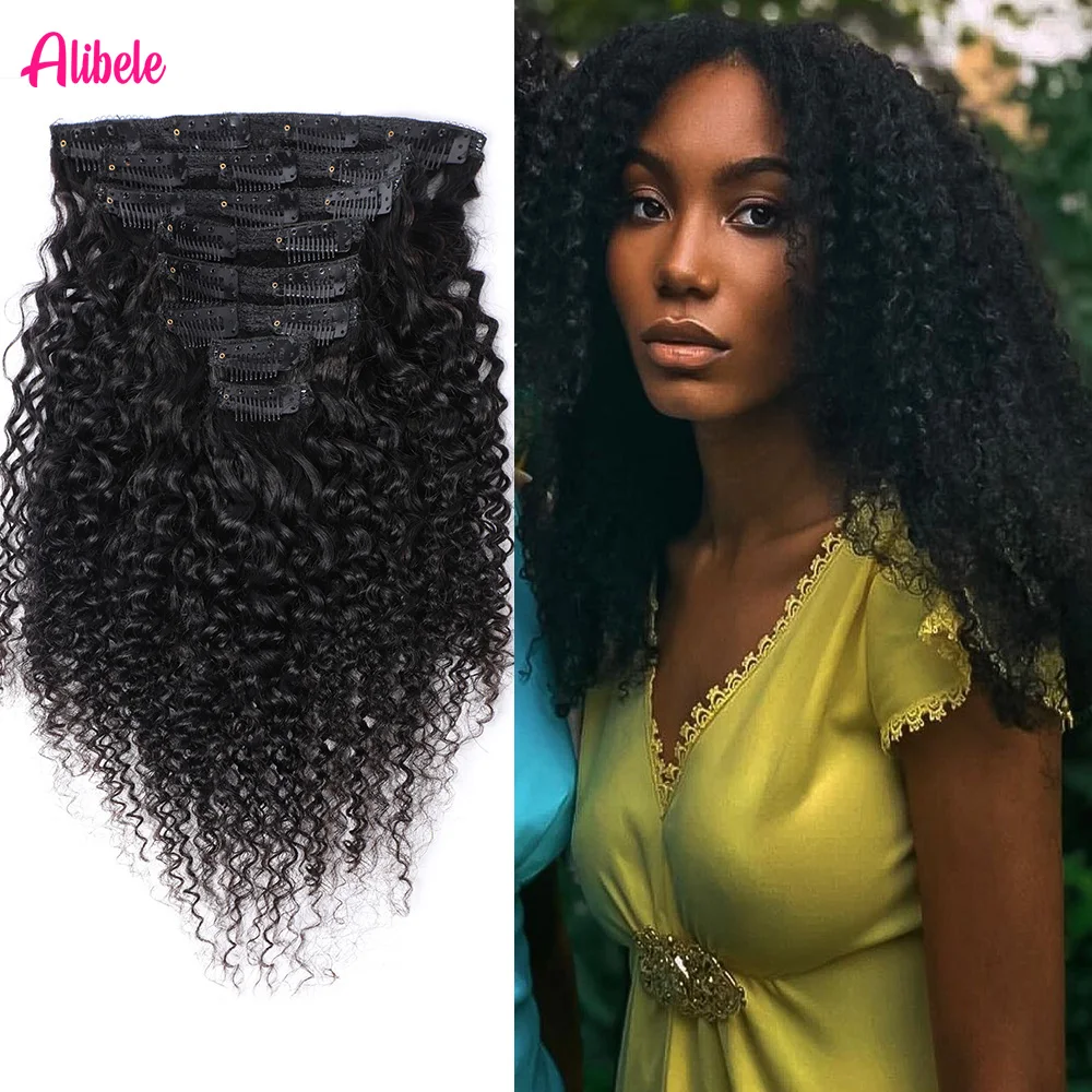 

Alibele 100% Remy Human Hair Full Head Kinky Curly Clips In Human Hair Extensions Natural Color Peruvian 120G 8Pcs/Set For Women