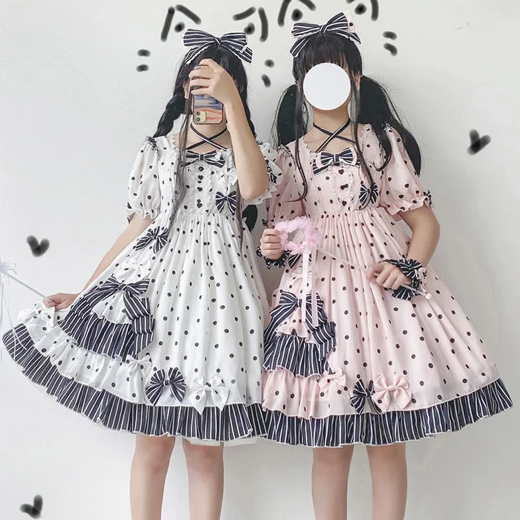 Vestido Lolita de manga curta com o pescoço, Vaca Pérola, Jardim, bolinhas, Diário, Roupa macia, Harujuku, Gótica, Edição de verão