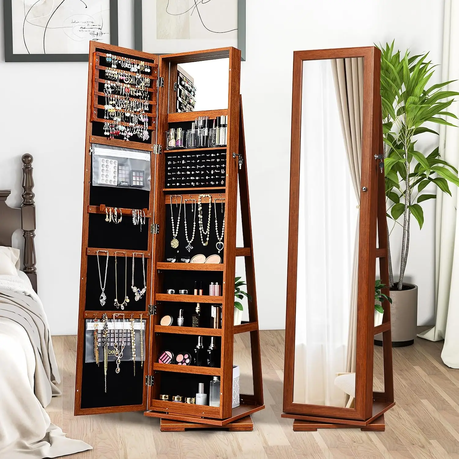 360° Rotating Jewelry Armoire, Lockable Jewelry Cabinet with Full-Length Mirror & Inner Makeup Mirror, Standing Jewelry Storage