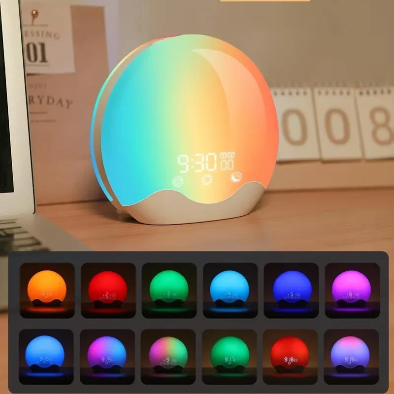 LED Sunrise Alarm Clock Double Sided Luminous Wake Up Light Colorful Bedside Lamp Electronic Night Light for Bedroom Decor