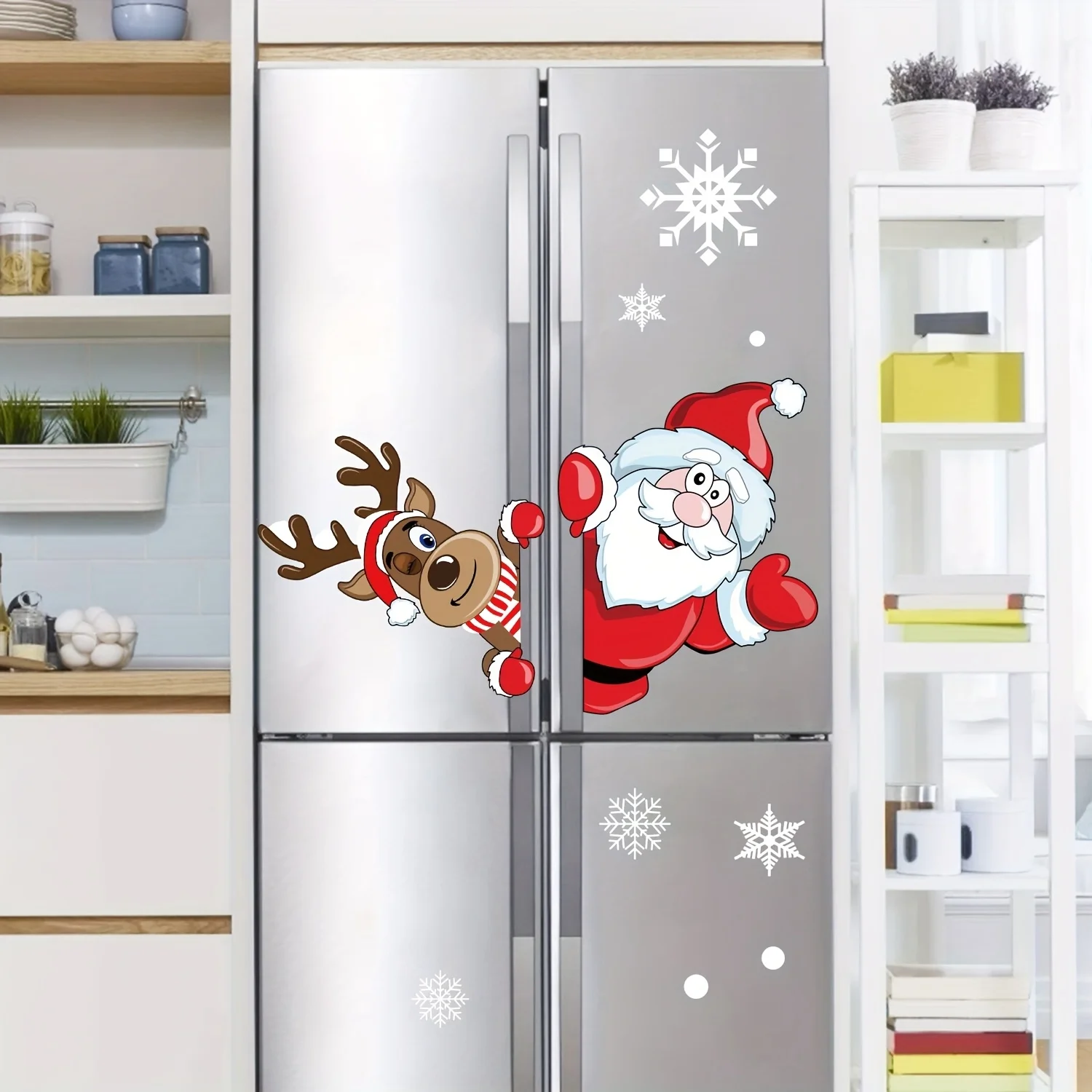 مجموعة ملصقات لاصقة ثابتة لعيد الميلاد مكونة من قطعتين - تطل سانتا والرنة من خلال الأبواب الزجاجية، زينة عيد الميلاد